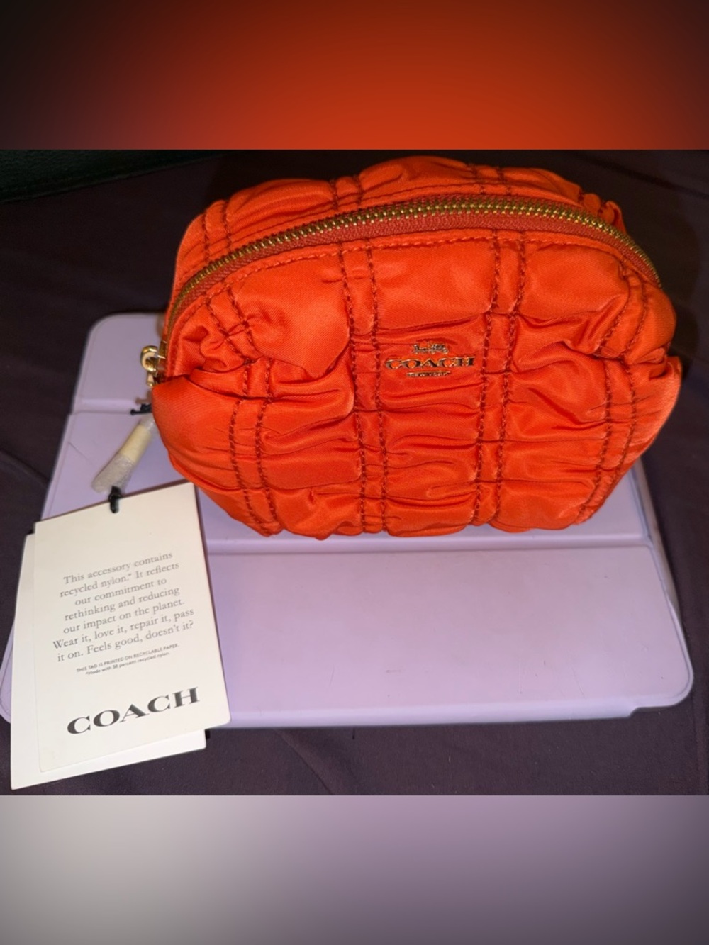 Coach Orange Quilted Satin Cosmetic Pouch with Gold Logo NWT - Picture 2 of 6